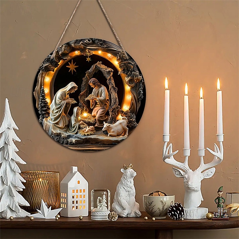 Wooden Jesus Nativity Baptism Round Sign, Door Hanging Decor for Bedroom and Living Room