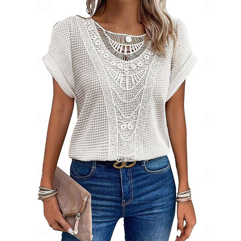 Women's T Shirt Solid Color Elegant Stylish Short Sleeve Crew Neck Daily Beach Hollow Out Pink Blue Beige Summer2