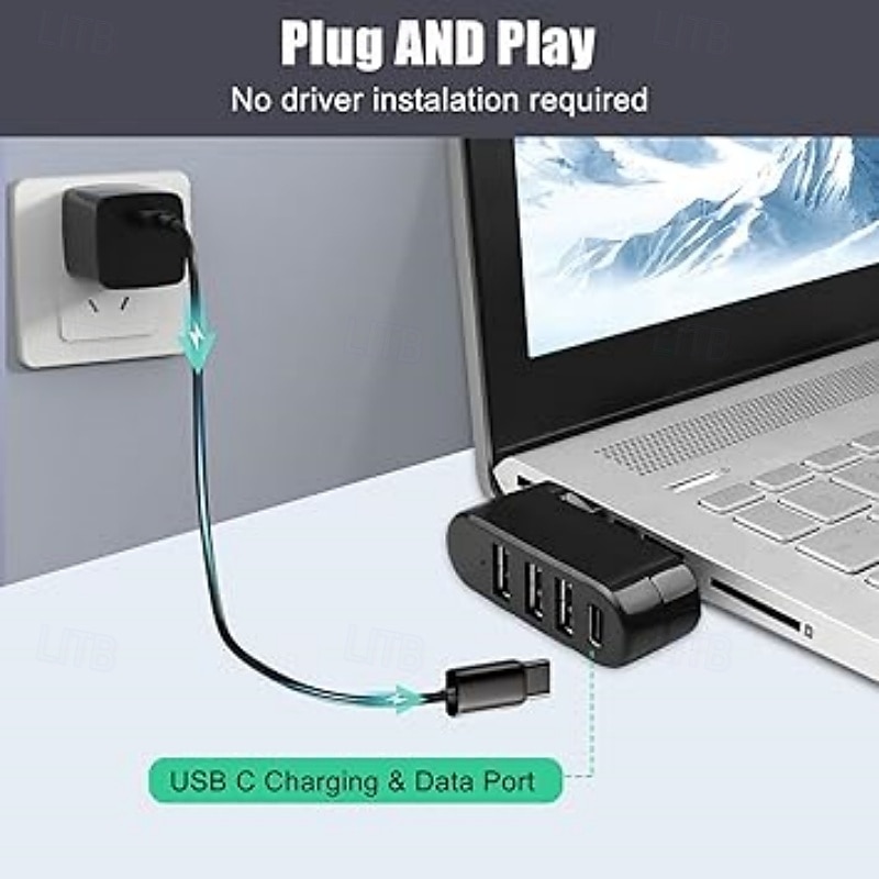 USB 3.0 Hub 4 Ports USB Splitter Extender Multi-Port Adapter with 3 USB Ports & 1 USB C Power/Data Port for Laptop2