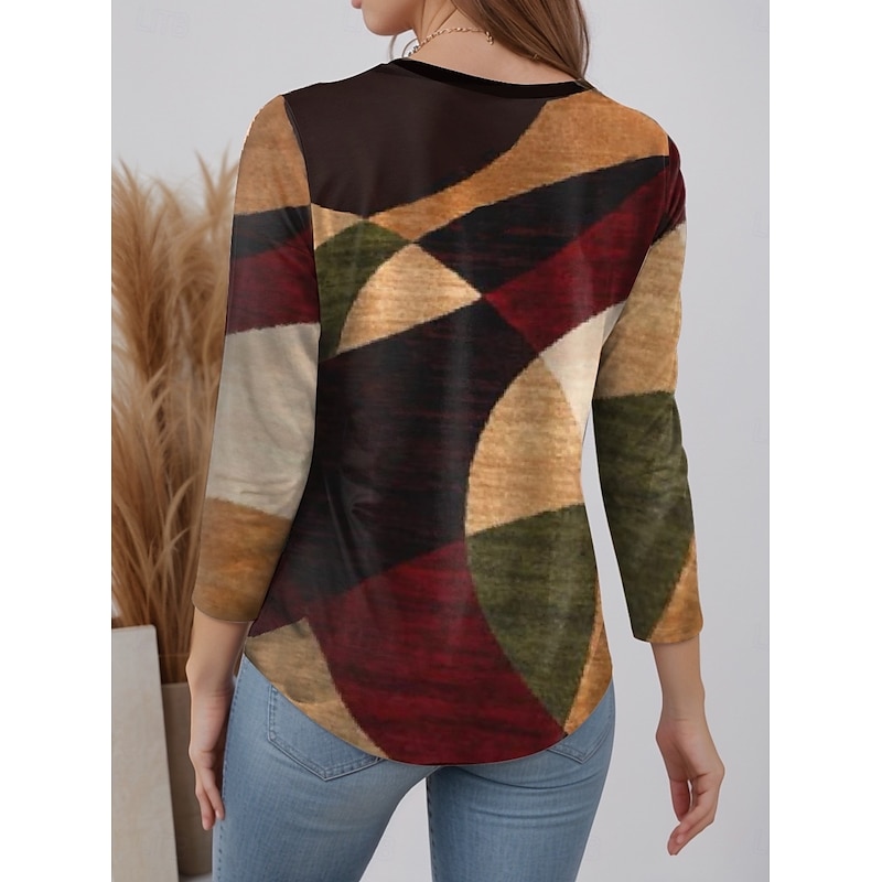 Women's T shirt Long Sleeve Crew Neck Long Sleeve Tunic Modern Casual Geometric Print Regular Tops Daily Wine Light Brown Blue Orange Brown Fall Winter Prefall2