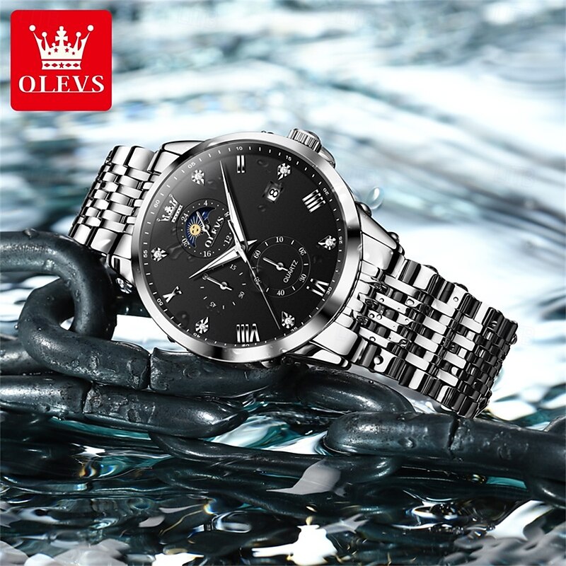 OLEVS Men Quartz Watch Fashion Casual Wristwatch Moon phase Luminous Calendar Waterproof Steel Watch2