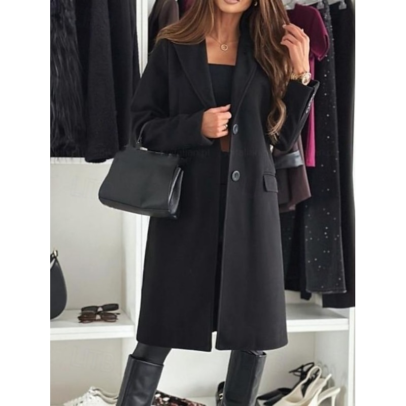Women's Coat Warm Comfortable Buttons Elegant Solid Color Daily Wear Single Breasted V Neck Regular Fit Long Sleeve Outerwear Black Khaki Coffee Winter3