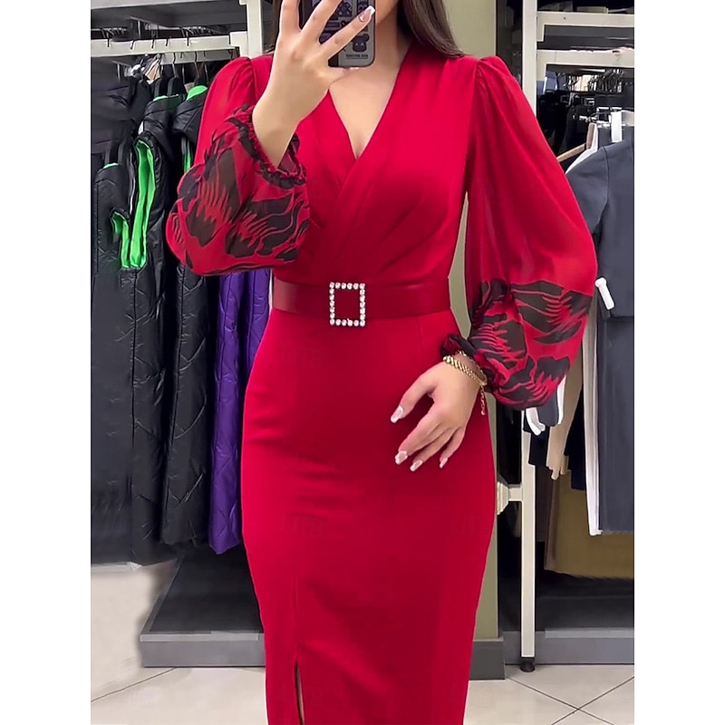 Women's Casual Dress Midi Dress Patchwork With Belt Casual V Neck Long Sleeve Red Color2