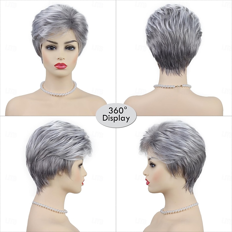 Short Grey Pixie Cut Wigs for White Women Natural Layered Short Silver White Wigs with Bangs Synthetic Fiber Gray Hair Short Wigs4