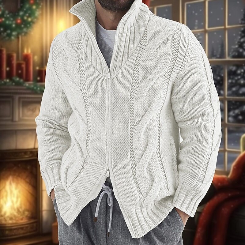 Men's Cardigan Sweater Zip Sweater Cropped Sweater Cable Knit Regular Knitted Vintage Plain Stand Collar Warm Ups Modern Contemporary Daily Wear Going out Clothing Apparel Winter Black White M L XL2