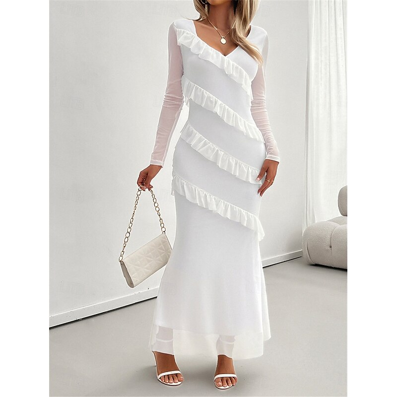 Women's Casual Dress Maxi Dress Ruffle Vacation Date Elegant Streetwear V Neck Long Sleeve Black White Burgundy Color4