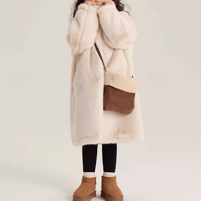 Kids Girls' Faux Fur Coat Solid Color Streetwear Pocket Buttons Formal Coat Outerwear 4 years+ Winter Beige