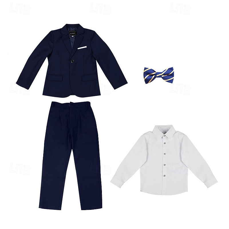 4 Pieces Ring Bearer Suit Boys Kids Suit Formal Suit Shirt & Pants Formal Party Valentines Fashion Cool Solid Color Pocket Black Navy Blue Polyester3