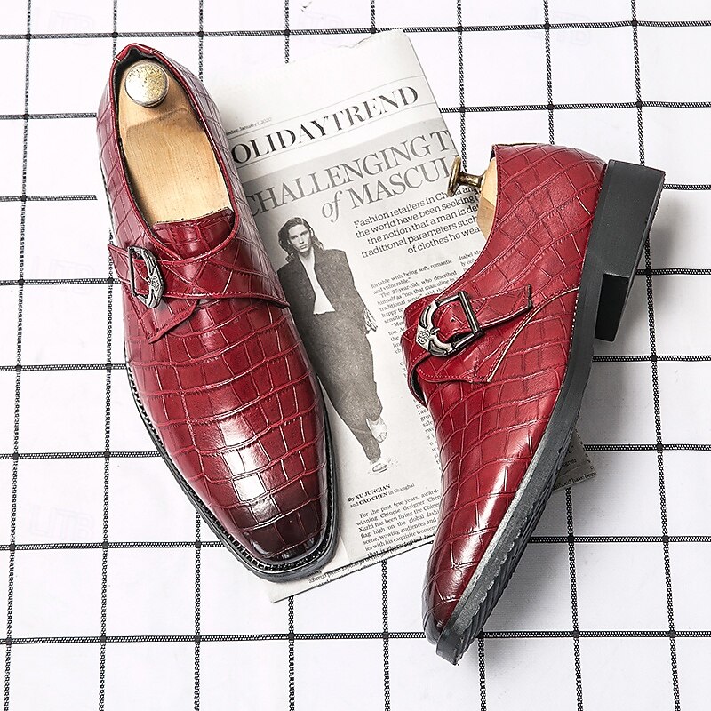 Men's Red Crocodile-Pattern Faux Leather Monk Strap Shoes – Sleek Formal Design with Metal Buckle for Weddings,Christmas and Business Attire2