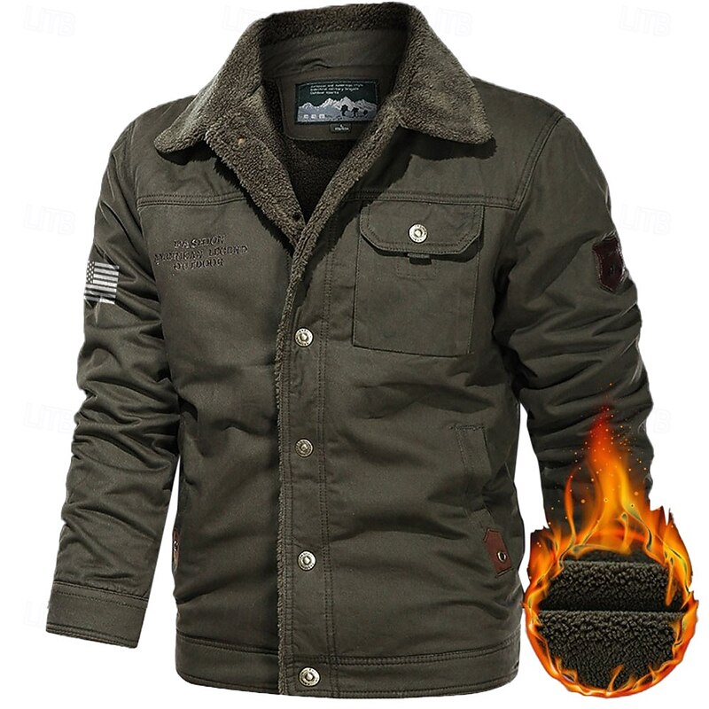 Men's American US Flag Print Embroidered Fleece Jacket Sherpa Trucker Jacket Work Cargo Jacket Turn-Down Collar Warm Winter Cotton Jacket Vintage Casual Going Out Coat Multi-Pockets3