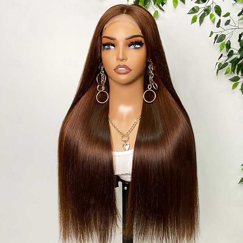 4# Brown Human Hair 4*4 Double Drawn Front Lace Human Hair Straight Hair Lace Wig 180% Density