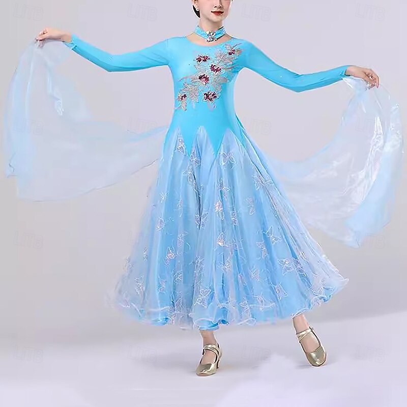 Ballroom Dance Dress Splicing Crystals / Rhinestones Paillette Women's Performance Party Long Sleeve Mesh Spandex Organza2