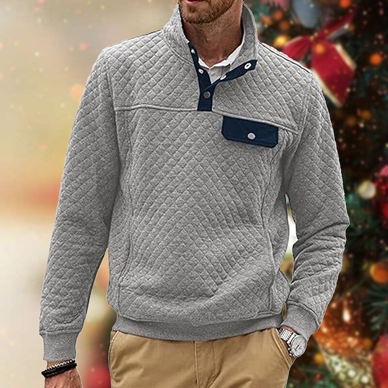 Men's Sweatshirt Black White Dark Green Light Grey Dark Gray Standing Collar Color Block Jacquard Patchwork Pocket Ribbed Sports & Outdoor Daily Holiday Polyester Textured Streetwear Basic Casual2