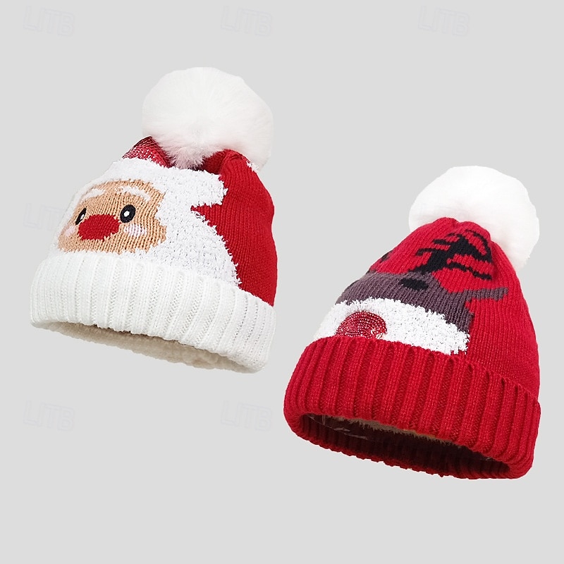 Santa Claus Reindeer Hat Christmas Gift Pom Pom Beanie Men's Women's Winter Christmas Pattern Christmas Hat
