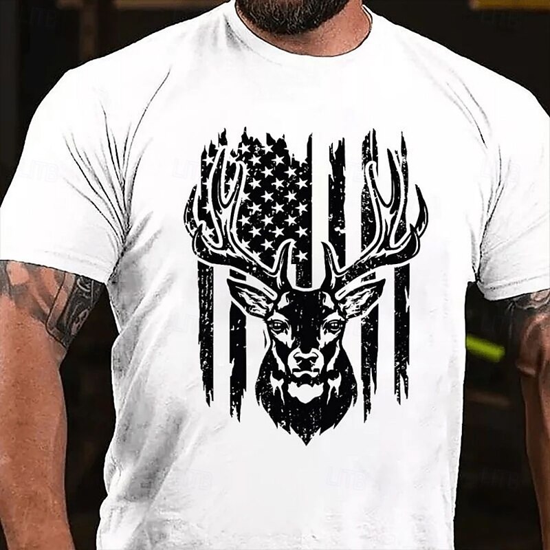 Men's American US Flag Hunting Deer T Shirt Tee Top 100% Cotton Short Sleeve Graphic Shirt Heather Gray White Army Green Comfortable Tee Street Camping & Hiking Fashion Designer Clothing4