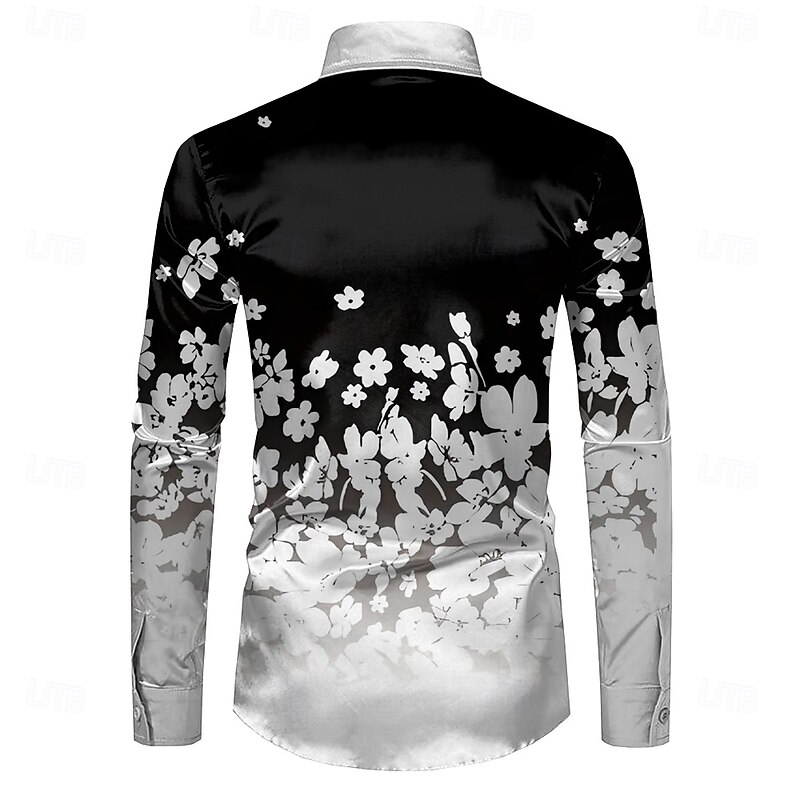 Men's Floral Button Up Shirt Designer Shirt Long Sleeve Fashion Casual Vacation Party / Evening Spring Fall Turndown Button Up Black3