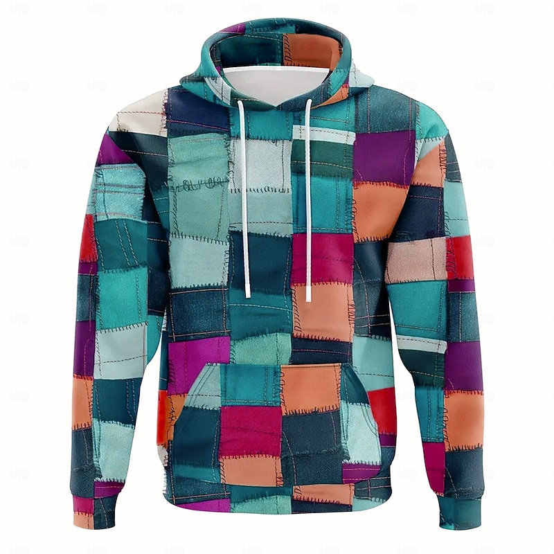 Men's Patchwork Hoodies Sweatshirt Fashion Cool Long Sleeve Crew Neck Holiday Going out Streetwear Blue Drawstring Fall Winter Designer3