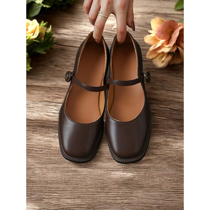 Women's Brown Mary Jane Flats with Adjustable Strap - Classic Round Toe Casual Shoes for Daily Wear4