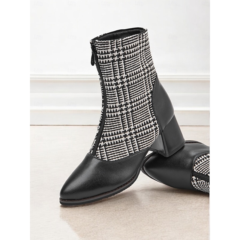 Women's Black and White Plaid Ankle Boots with Block Heels - Retro Houndstooth Pattern, Side Zipper Closure, Perfect for Fall and Winter Casual Outfits