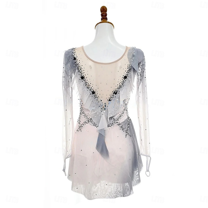 Figure Skating Dress Women's Girls' Ice Skating Dress Gray High Elasticity Training Competition Skating Wear Classic Crystal / Rhinestone Long Sleeve Ice Skating Figure Skating2