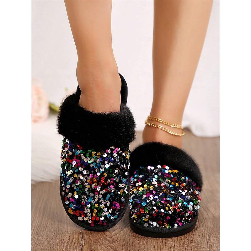 Women's Black Sequin Fur-Lined Slippers with Multicolor Sparkle and Comfortable Sole – Ideal for Indoor Luxury and Warmth3