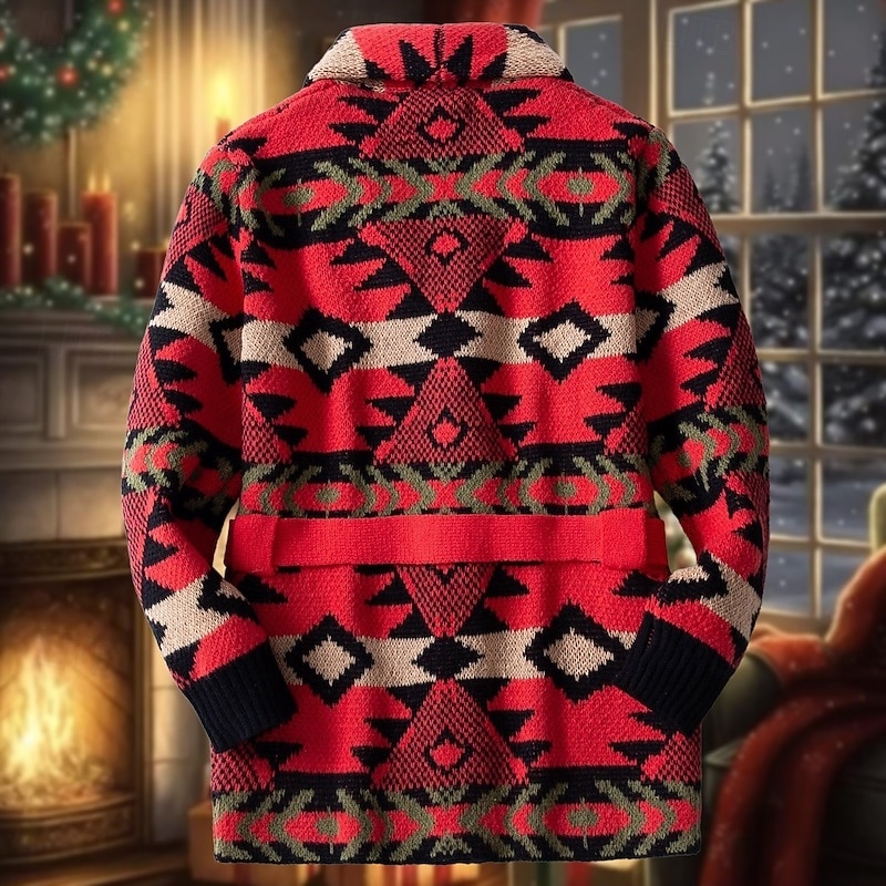 Men's Jacquard Sweater Cardigan Sweater Cropped  Sweater Knit Sweater Ribbed Crochet Knit Tunic Knitted Jacquard Vintage Shawl Collar Fashion Classic Daily Wear Date Clothing Apparel Fall & Winter Red2