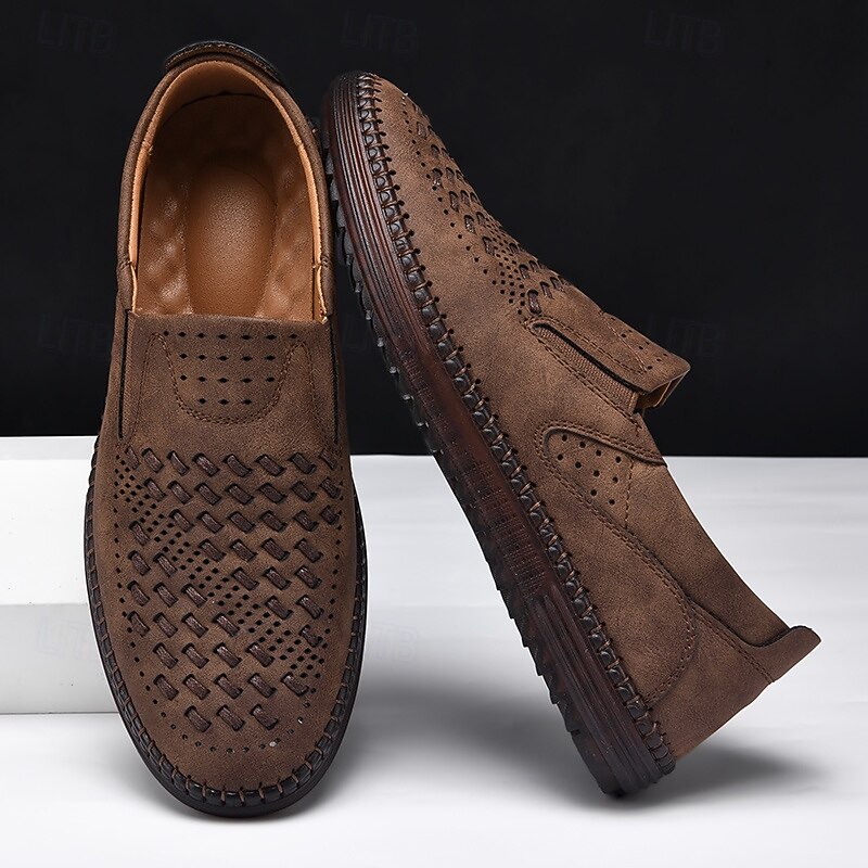 Men's Brown Suede Breathable Slip-On Loafers – Stylish Woven Design Casual Shoes for Summer, Lightweight & Comfortable Walking Footwear2