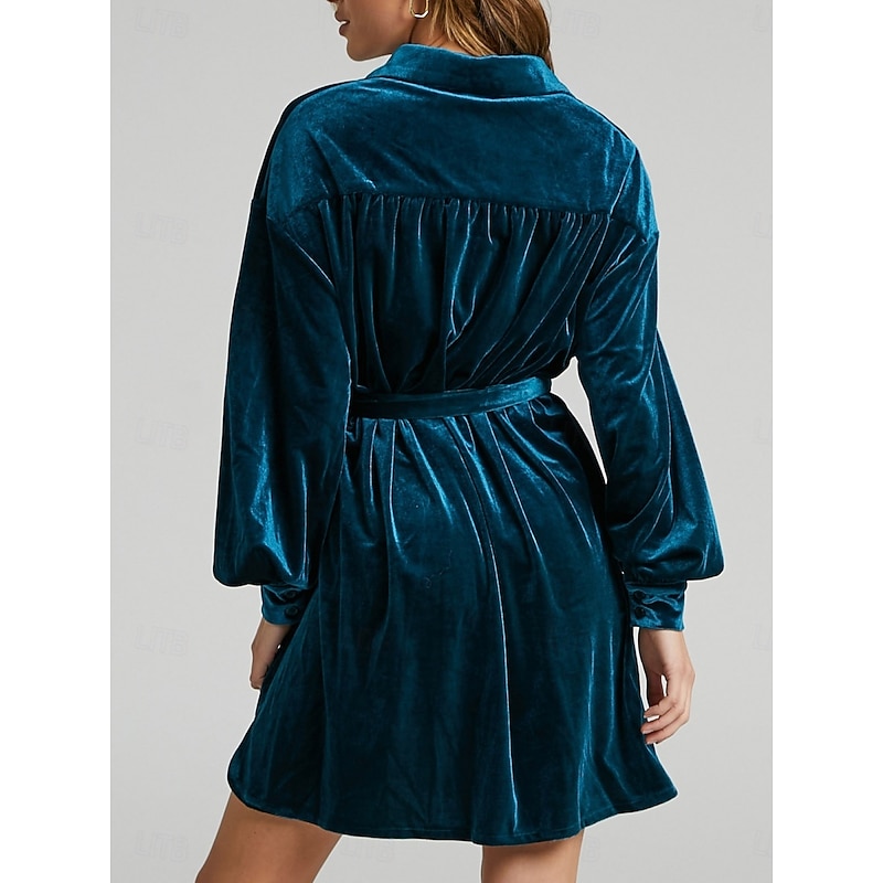 Women's Mini Dress Velvet Dress Cocktail Dress Plain Dress Casual Sports & Outdoor Street Evening Party Regular Fit Plain Long Sleeve Shirt Collar Blue Fall Winter2