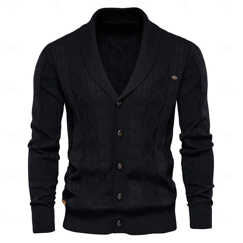 Men's Cardigan Sweater Knit Patchwork Zipper Solid Color Rolled collar Knitwear Elegant School Training Clothing Apparel Fall Winter Red Brown Black S M L4