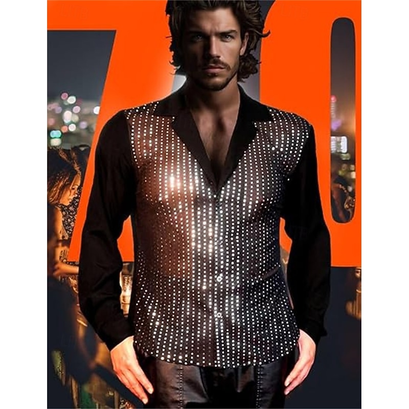 1970s 1980s Shiny Metallic Shirt Hippie Disco Sequins Fancy Dress Men's Carnival Costume Halloween Carnival New Year Party Club Pride Parade Adults' Shirt
