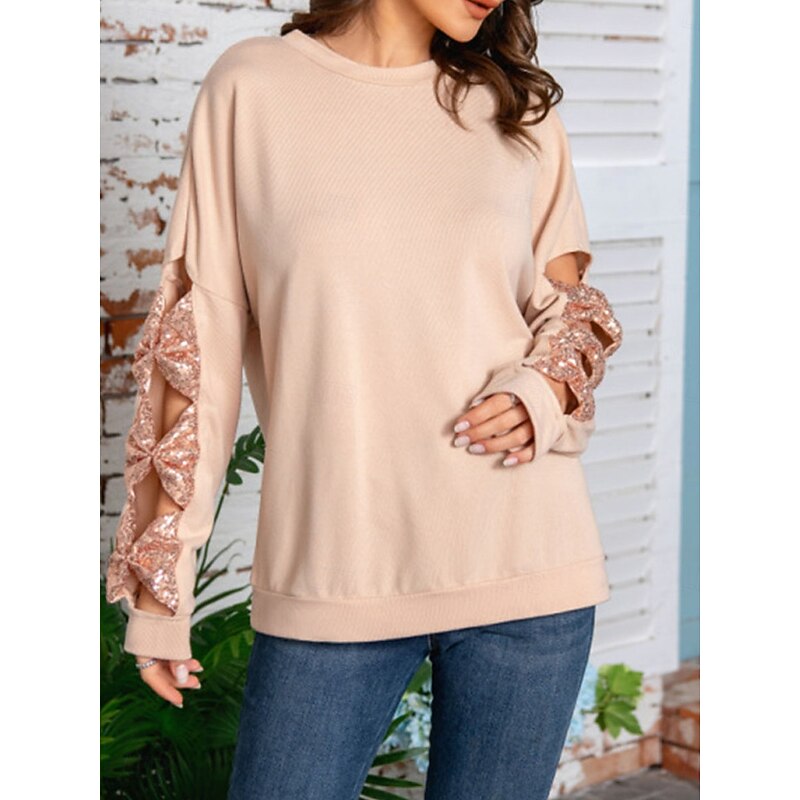 Women's Shirt Sequin Sparkly Party Solid Color Basic Casual Long Sleeve Crew Neck Regular Tops Daily Sequins Patchwork Bow White Beige Fall Winter3