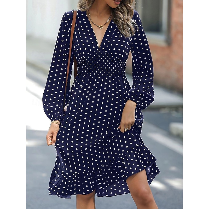 Women's Polka Dot V Neck Midi Dress Long Sleeve Spring Fall3