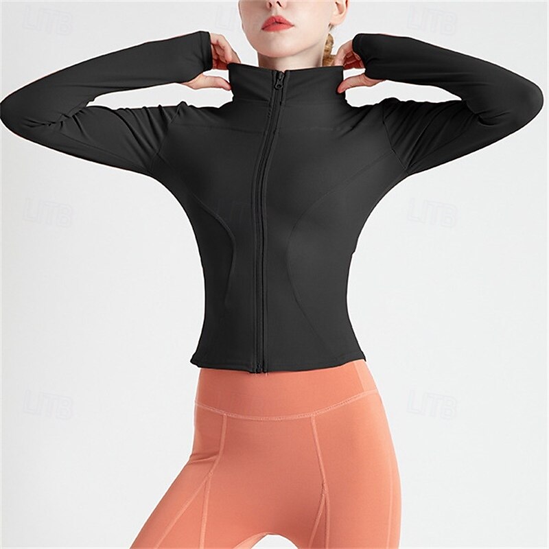 Women's Yoga Top Stand Collar Quick Dry Lightweight Breathable Thumbhole Long Sleeve Sports Solid Color Jacket Top For Running Fitness Yoga Slim Activewear