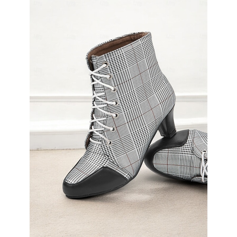 Women's Plaid Lace-Up Ankle Boots – Retro Oxford Low Heel Booties for School, Office, and Fall Street Style
