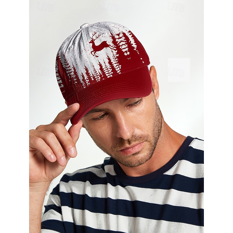 Men's Red and White Forest Deer Print Baseball Cap – Adjustable Casual Outdoor Hat for Nature Lovers3