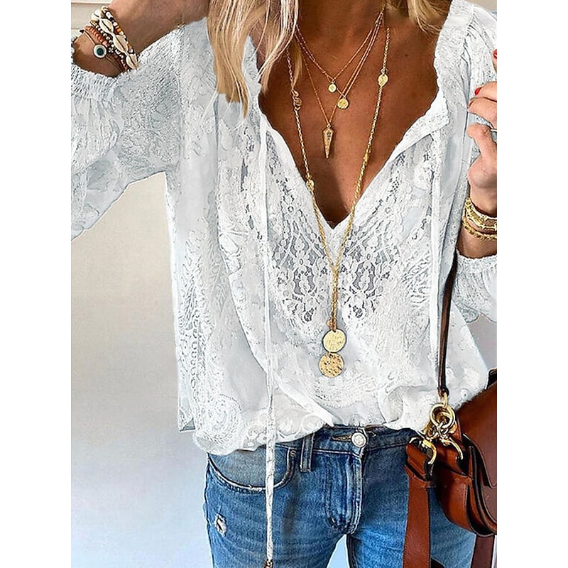 Women's Shirt Boho Shirt Blouse Solid Color Basic Casual Long Sleeve V Neck Regular Tops Daily Lace Patchwork White Pink Khaki Fall Winter