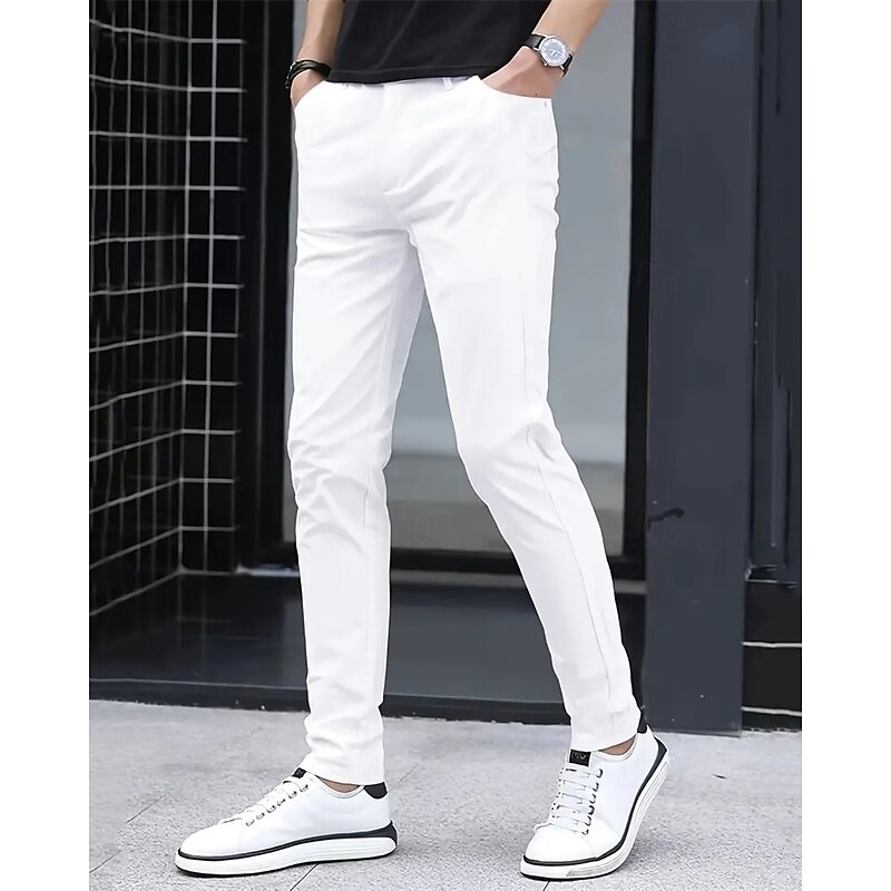 Men's Dress Pants Skinny Trousers Chinos Buttons Pocket Solid Color Comfort Formal Party Work Fashion Classic Style Black White Micro-elastic3