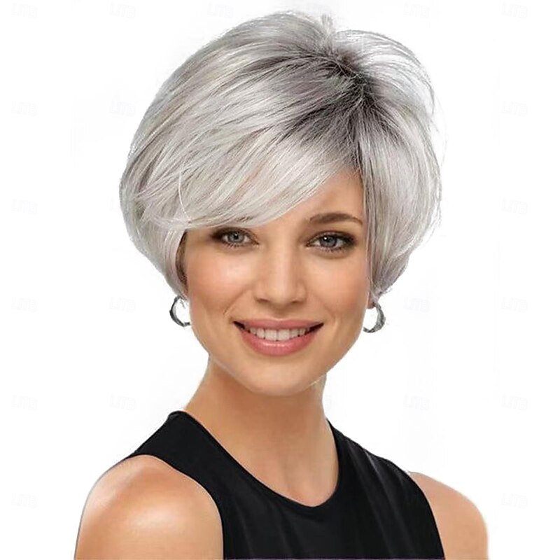 Short Wigs for Women Mixed Pixie Cut Wig Straight Synthetic Hair Cuts Side Part Inverted Side Part Pixie Cut Hair Wig With Layered Swoop Bang Glueless Blunt2