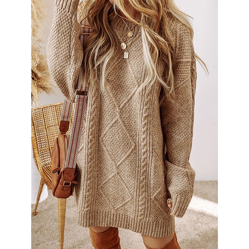 Women's Sweater Dress Casual Soft Pure Color Cable Crew Neck Knitted Long Sleeve Long Tops Knit Outdoor Daily Weekend Black Green Fall Winter - Main Image