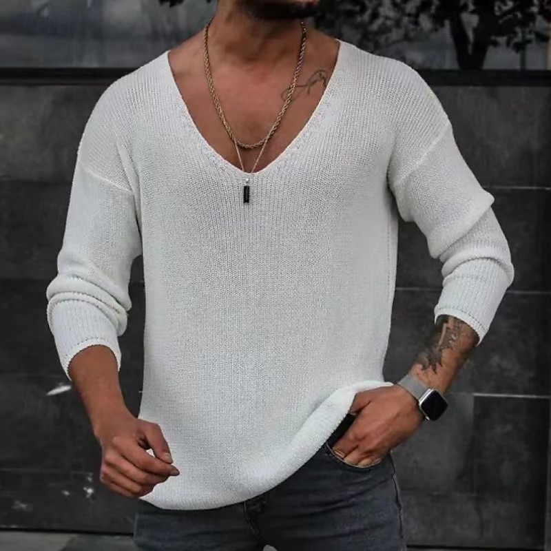 Men's Pullover Sweater Jumper Knit Sweater Ribbed Cable Knit Knit Regular Tops Knitted Plain V Neck Fashion Basic Vacation Daily Wear Clothing Apparel Fall & Winter Black White S M L