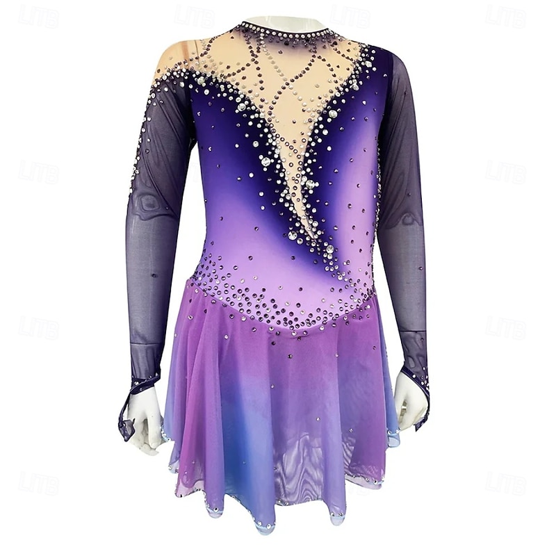 Figure Skating Dress Women's Girls' Ice Skating Dress  Purple High Elasticity Training Competition Skating Wear Classic Crystal / Rhinestone Long Sleeve Ice Skating Figure Skating