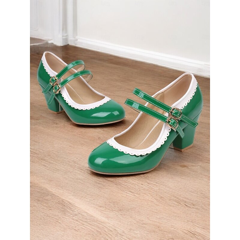 Women's Green Mary Jane Heels with White Decorative Stitching and Double Buckle Straps – Retro-Inspired Footwear for Parties and Formal Occasions2