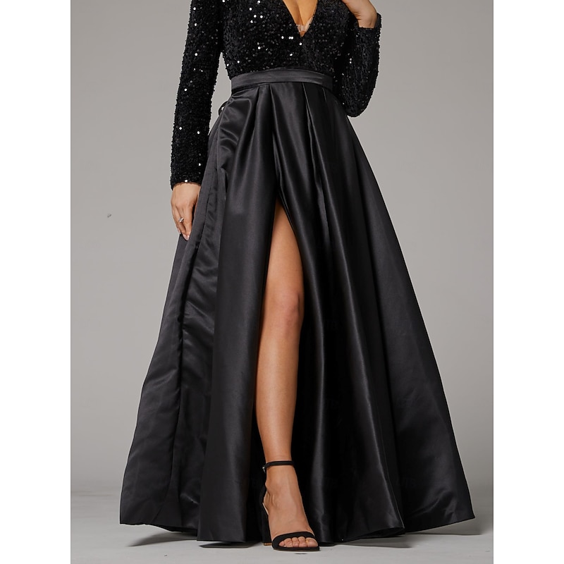 Ball Gown Evening Gown Sparkle & Shine Dress Wedding Guest Wedding Party Floor Length Long Sleeve V Neck Pocket Satin with Sequin Pocket Masquerade Dress4