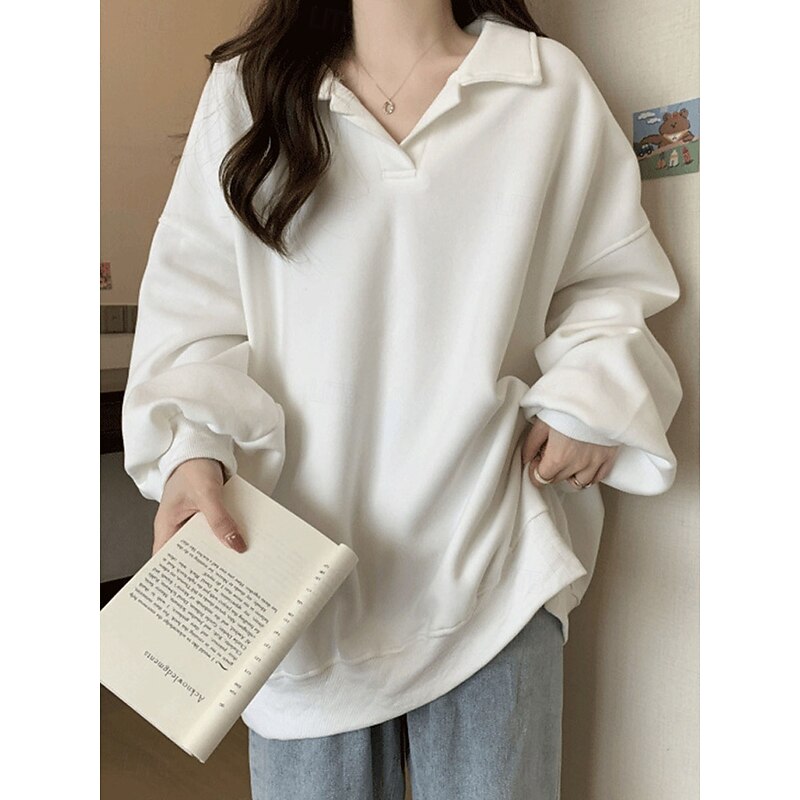 Women's Sweatshirt Casual Plain Street Dailywear V Neck Long Sleeve Black White Coffee Fall Winter2