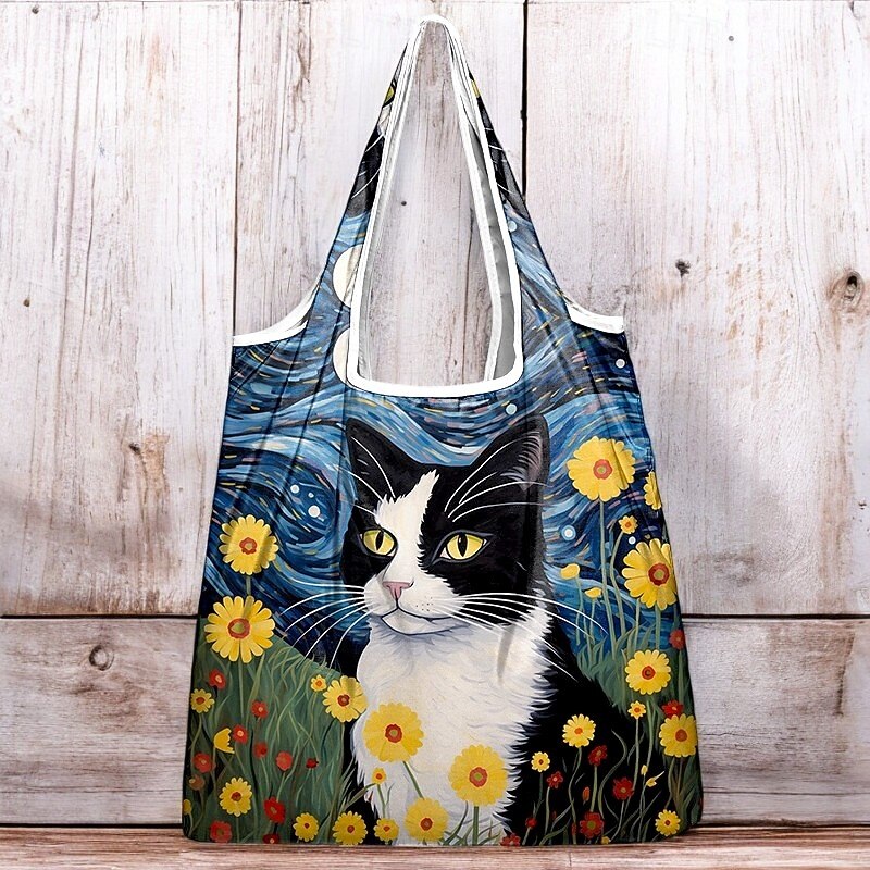 Women's Artistic Cat Tote Bag with Floral and Starry Night Design - Eco-Friendly Reusable Shopping Bag for Cat Lovers3