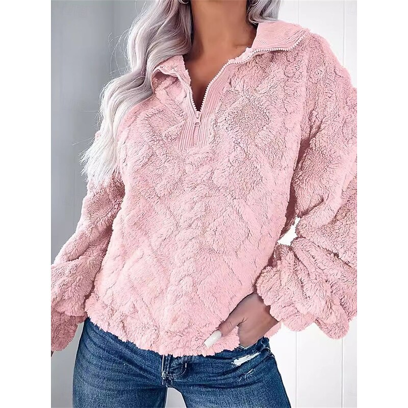 Women's Plain Casual Long Sleeve V Neck Regular Tops Street Dailywear Half Zip Pink Khaki Gray Fall Winter