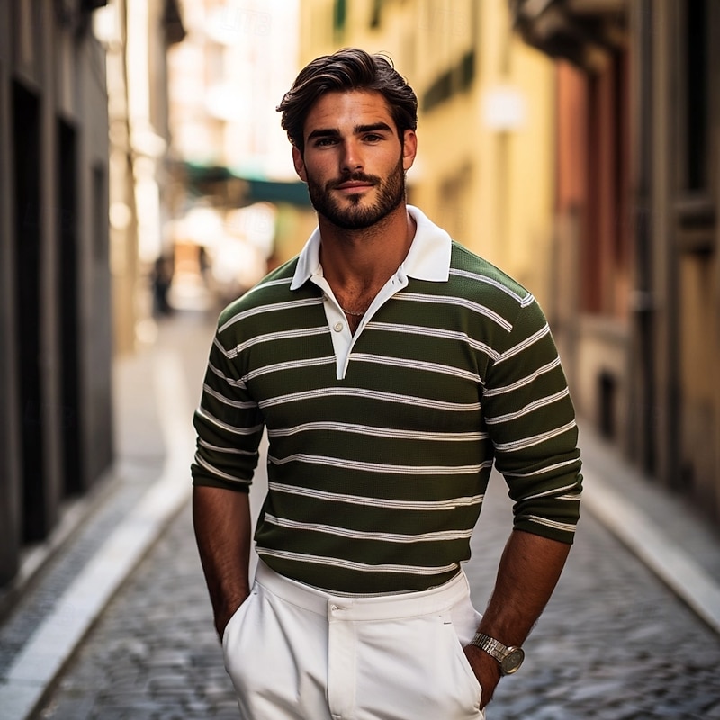 Men's Color Block Stripes Rugby Polo Shirts Long Sleeve Polo Shirts Lapel Classic Fashion 3D Print Modern Casual Sports Stripe Fall Winter Green4
