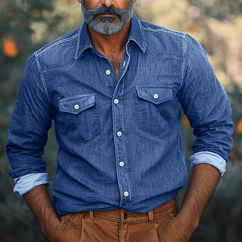 Men's Shirt Chambray Shirt Calico Shirt Casual Shirt Button Up Shirt Denim Shirt Black Navy Blue Blue Light Blue Long Sleeve Plain Collar Vacation Daily Clothing Apparel Fashion Casual