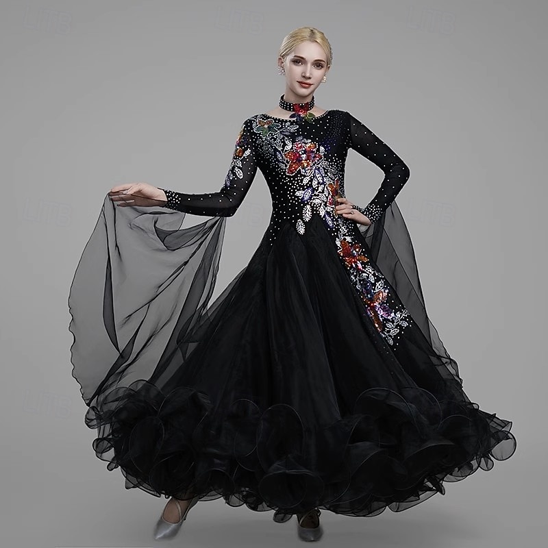 Ballroom Dance Dress Embroidery Splicing Crystals / Rhinestones Women's Performance Party Long Sleeve Spandex Tulle