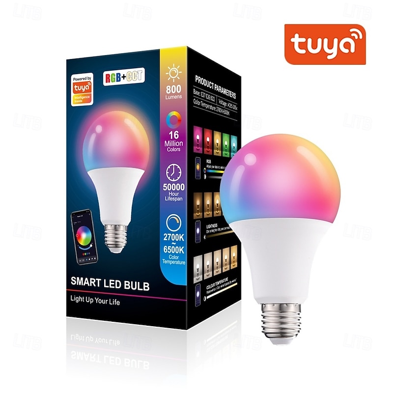 E27 LED Smart Light Bulb A19 10W with Tuya WiFi Bluetooth Control, Music Sync Color Changing, Smart Home Lighting for Party & Decor